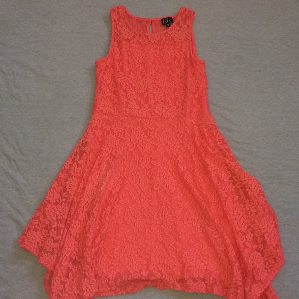 Coral, lace handkerchief cut at bottom dress